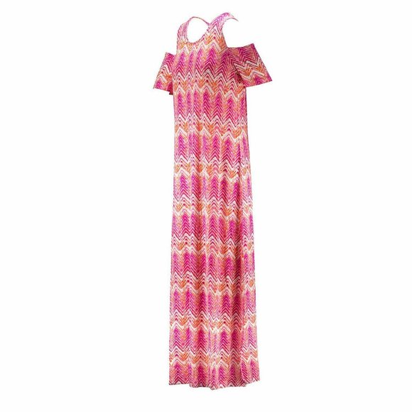 NWT DESIGN HISTORY WOMEN'S COLD-SHOULDER PINK MAGIC CHEVRON MAXI DRESS - Picture 4 of 4